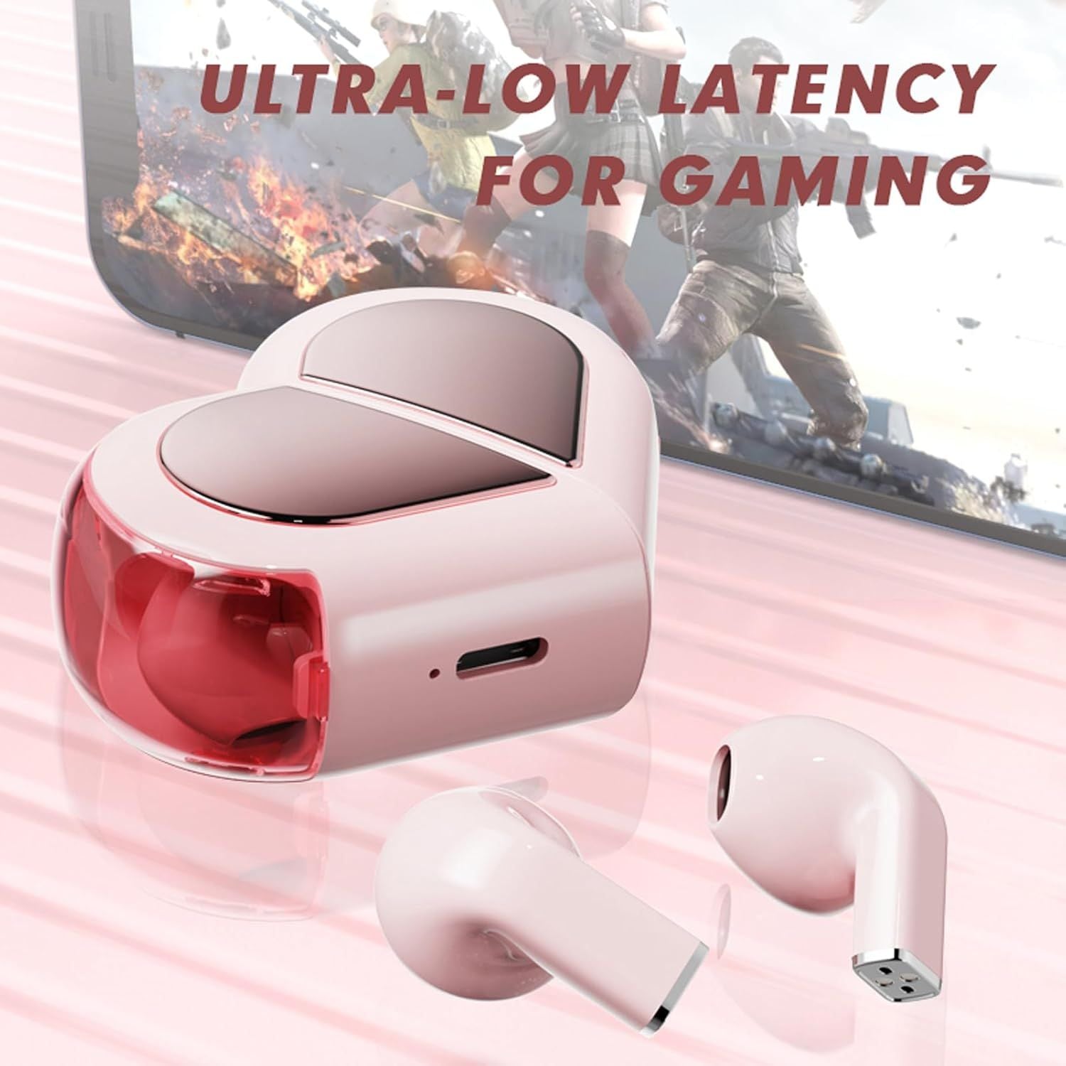 Pink Heart Wireless Earphones | Cute Design • HD Sound • Touch Control